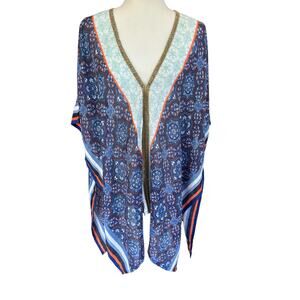 Steve Madden Swim Coverup Boho Top Mini Caftan Tribal Flowy Blue Gold Size OS